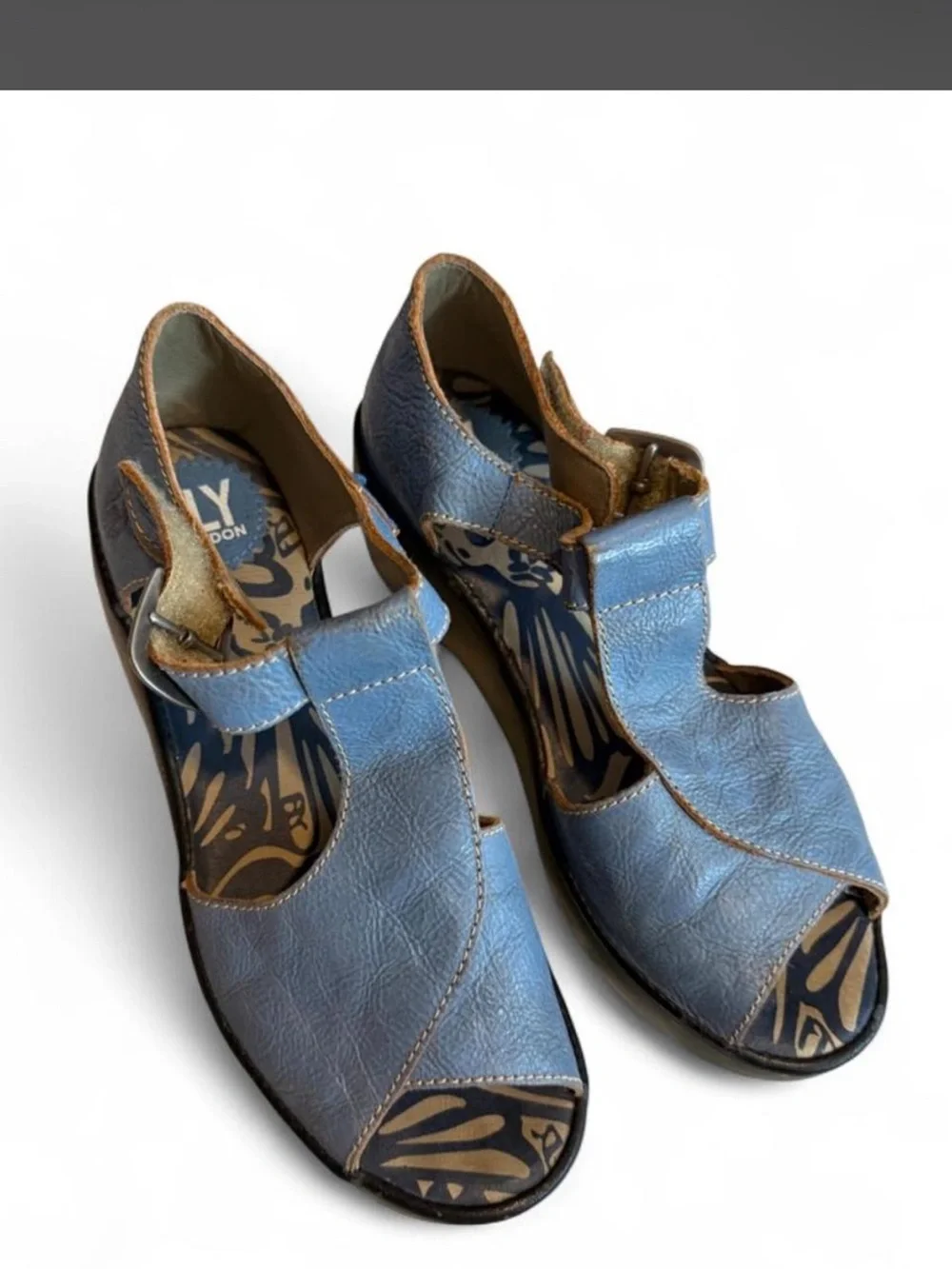 Fly London Light Blue Leather Wedge Sandals - Picture 2 of 7